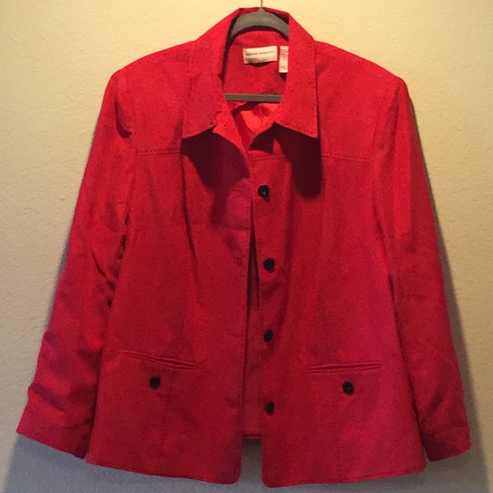 Red, black accent, lined jacket